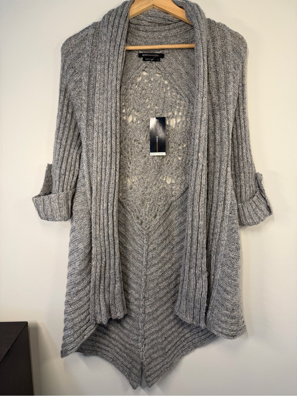 BCBGeneration Light Gray Open-Front Ribbed Knit Cardigan